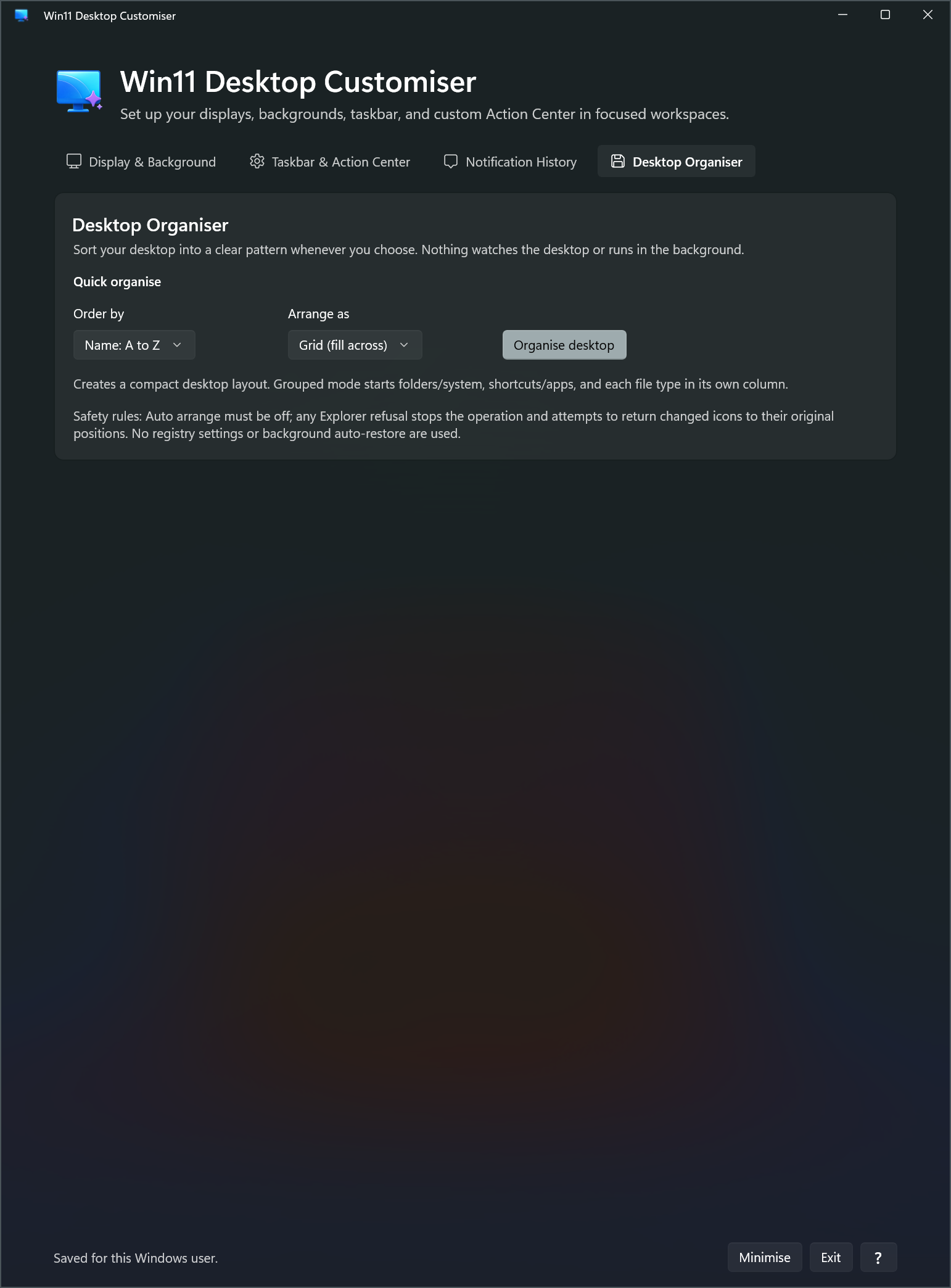 Win11 Desktop Customizer Desktop Organiser workspace showing sorting and layout controls.