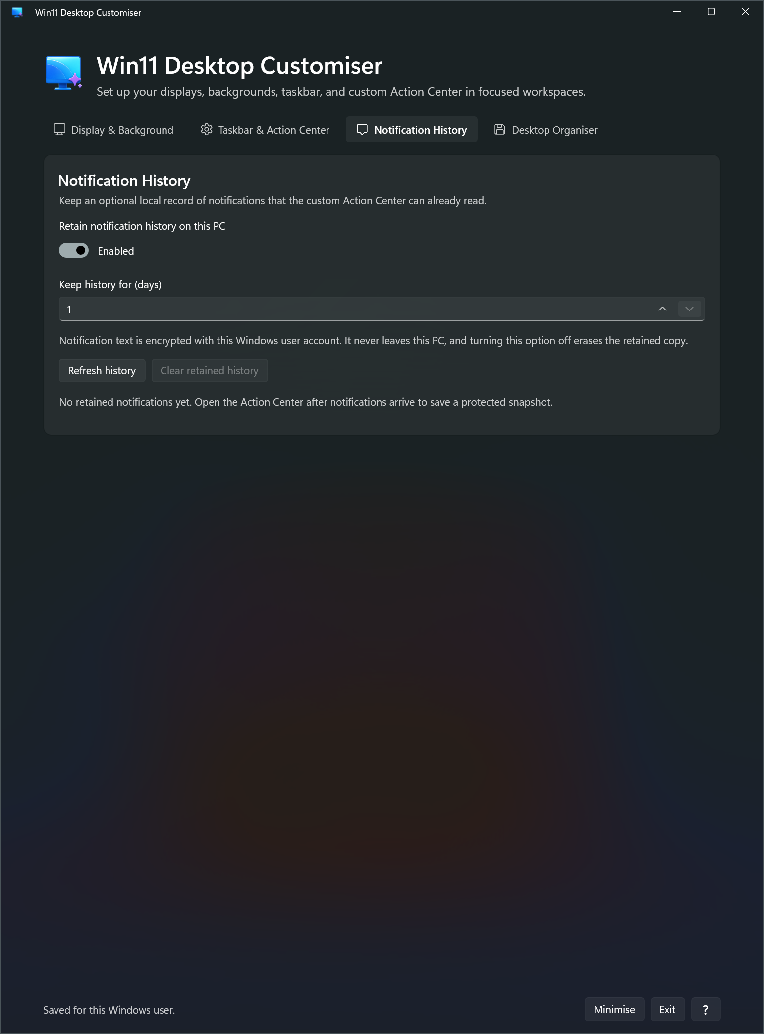 Win11 Desktop Customizer Notification History workspace showing local retention settings.