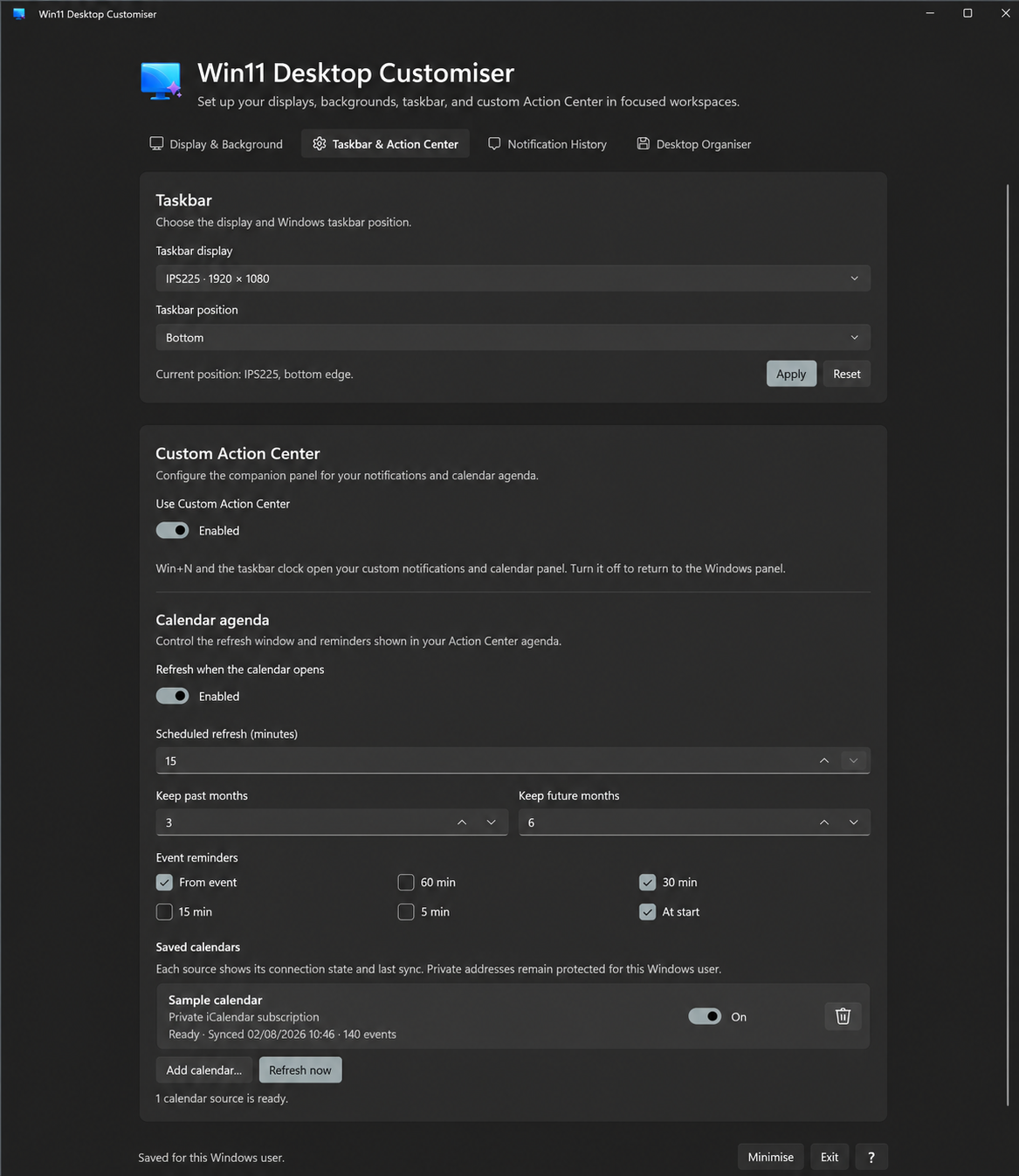 Win11 Desktop Customizer Taskbar and Action Center workspace showing taskbar placement and calendar agenda settings.